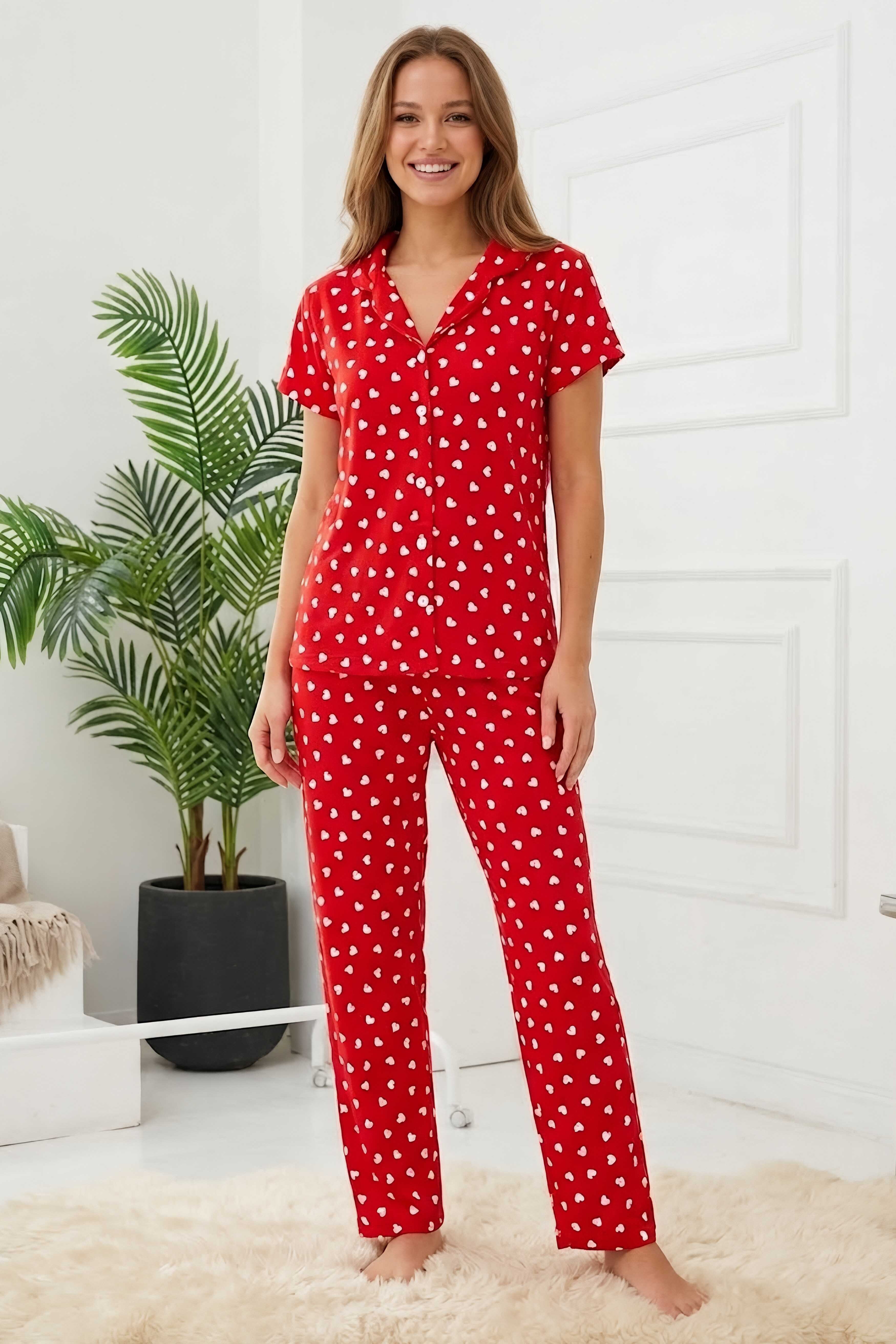 Kısa Kollu Düğmeli Pijama Takımı Kirmizi - 28596-KIRMIZI - 1