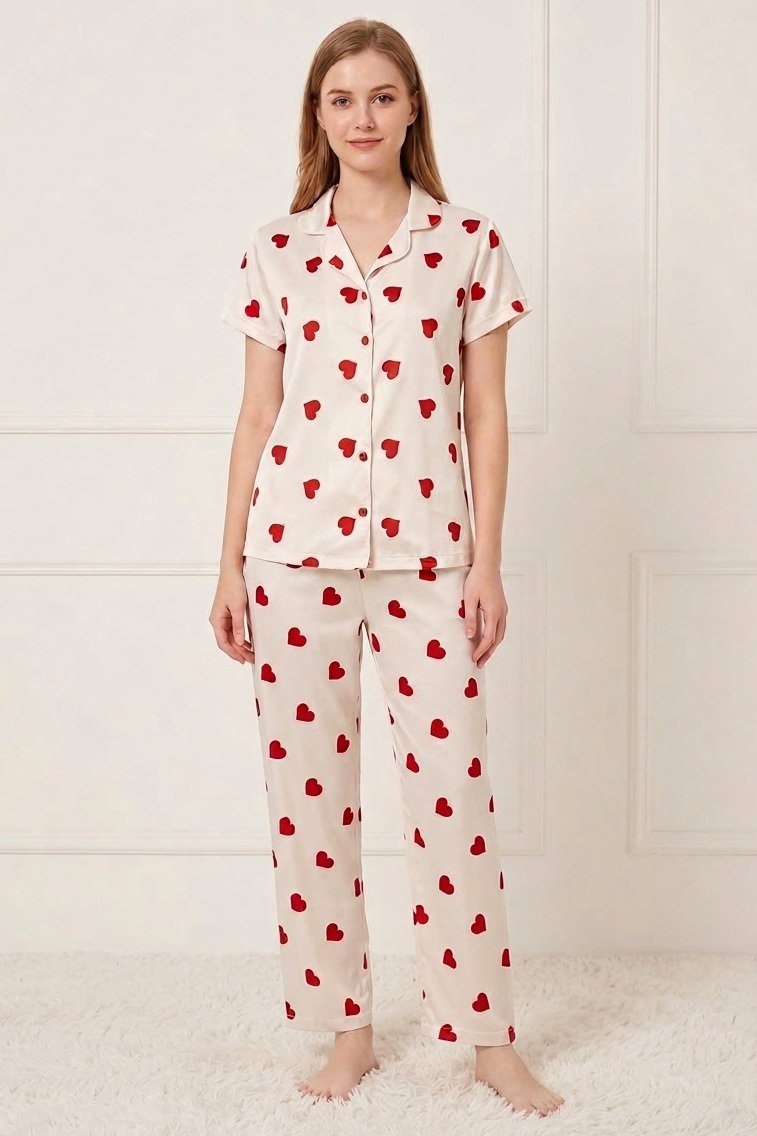 Kısa kollu düğmeli pijama takımı Kirmizi-beyaz - 28599-KIRMIZI-BEYAZ - 1