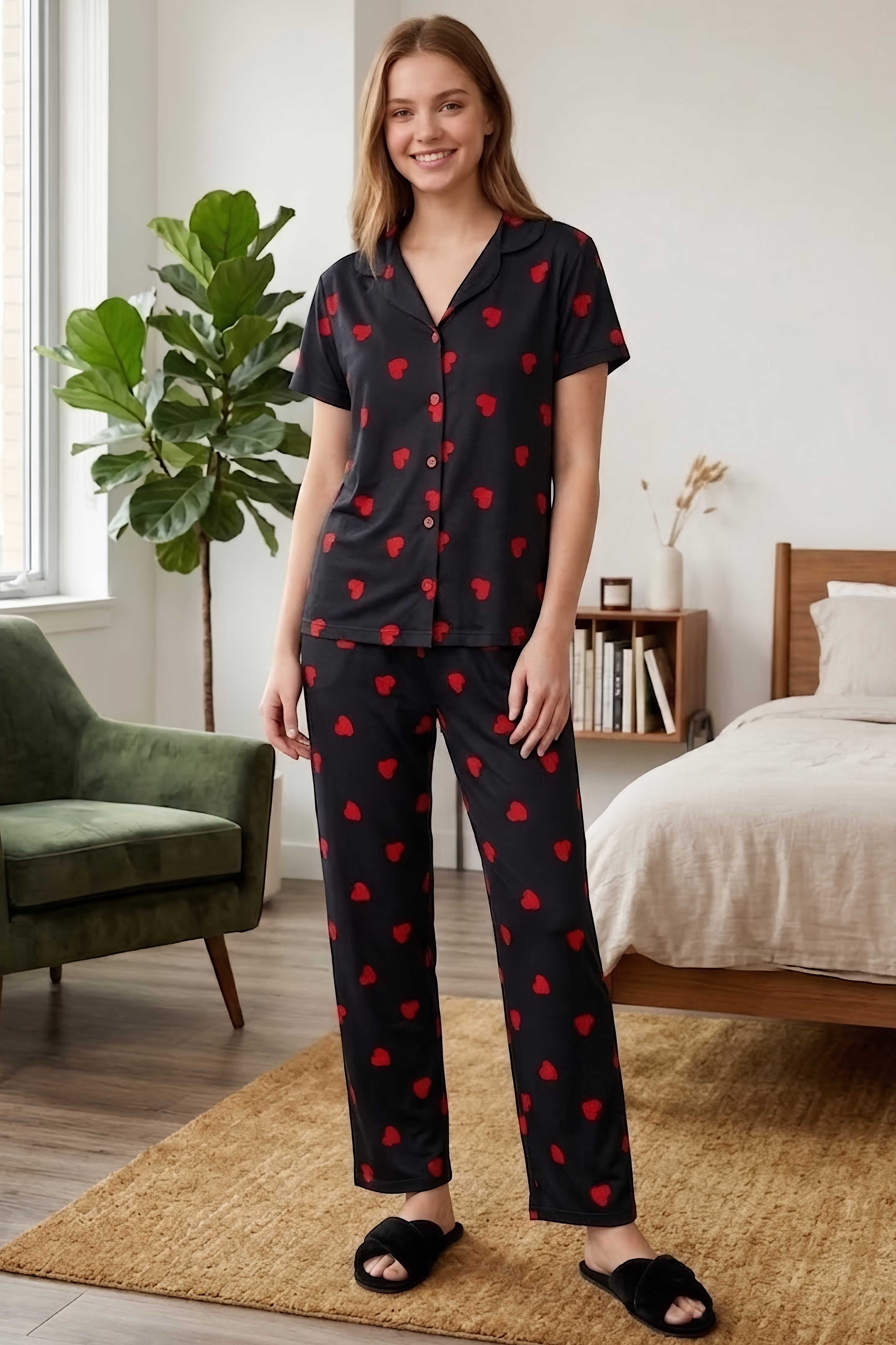 Kısa kollu düğmeli pijama takımı Lacivert - 28599-LACIVERT - 1