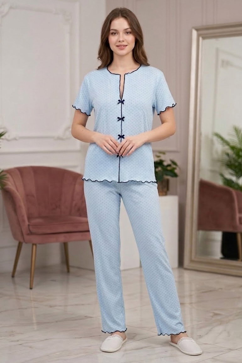 Kısa Kollu Düğmeli Pijama Takımı Mavi - 28593-MAVI - 1