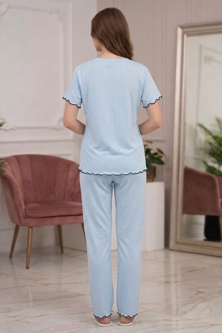 Kısa Kollu Düğmeli Pijama Takımı Mavi - 28593-MAVI - 2