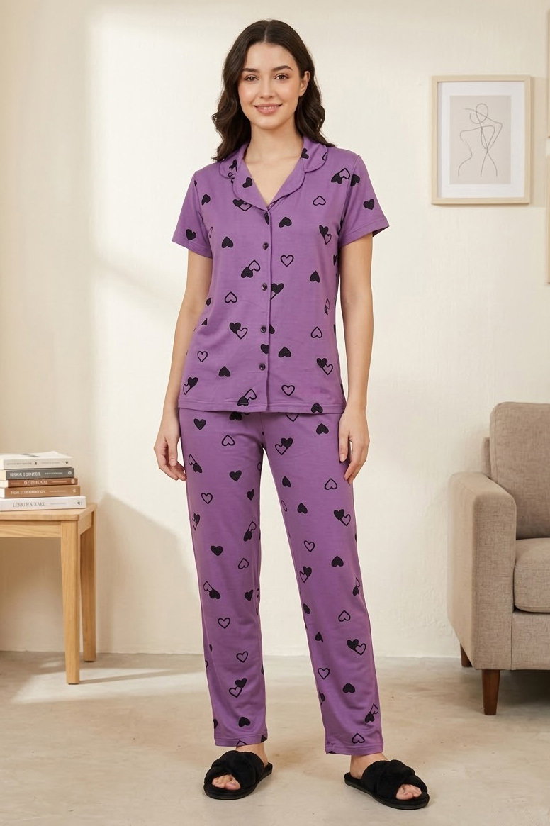 Kısa kollu düğmeli pijama takımı Mor - 28598-MOR - 1