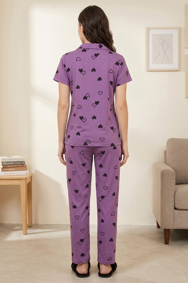 Kısa kollu düğmeli pijama takımı Mor - 28598-MOR - 2