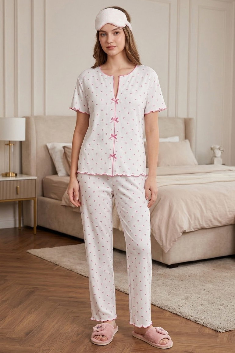 Kısa Kollu Düğmeli Pijama Takımı Pembe - 28593-PEMBE - 1