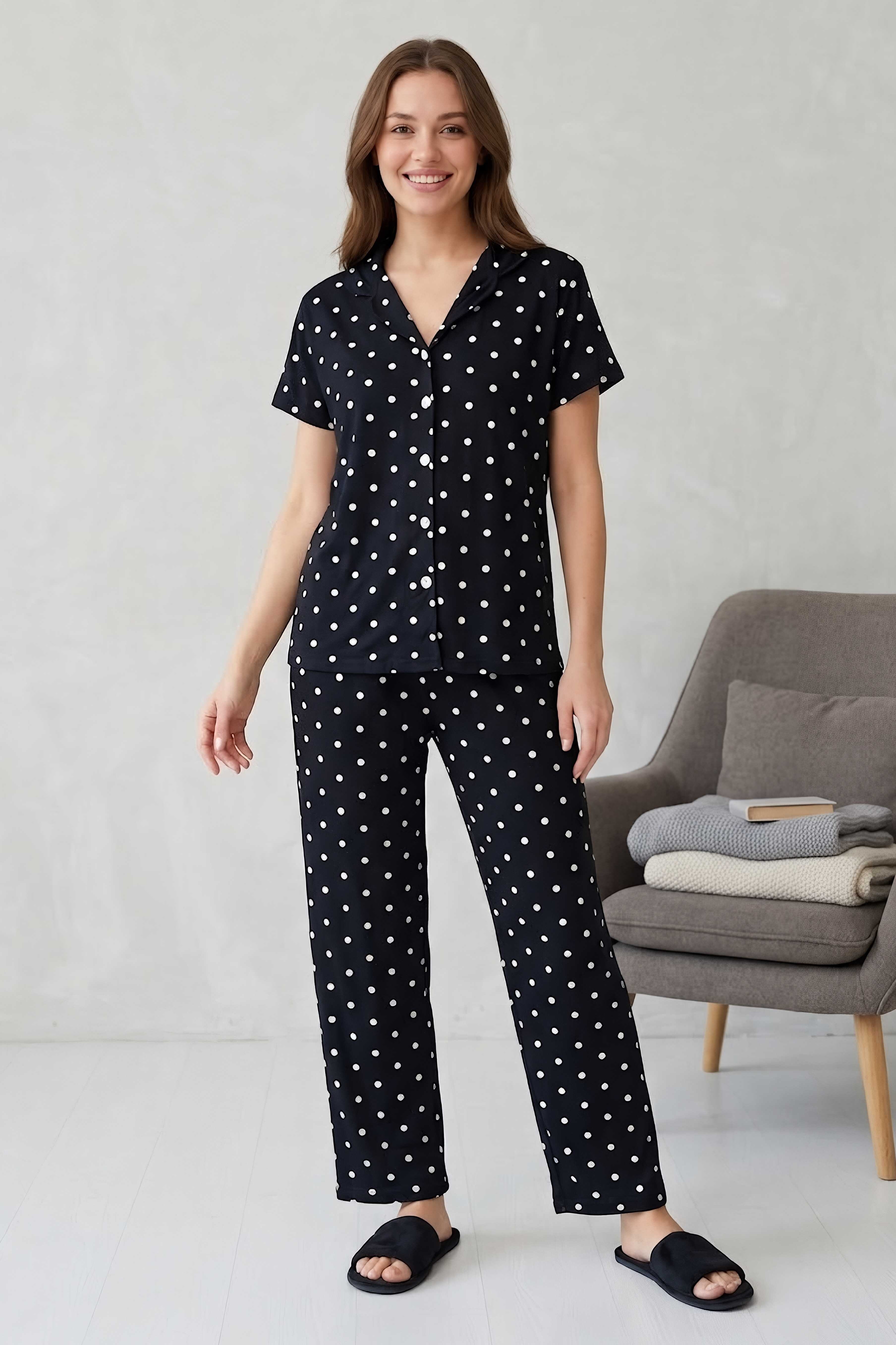Kısa Kollu Düğmeli Pijama Takımı Siyah - 28596-SIYAH - 1