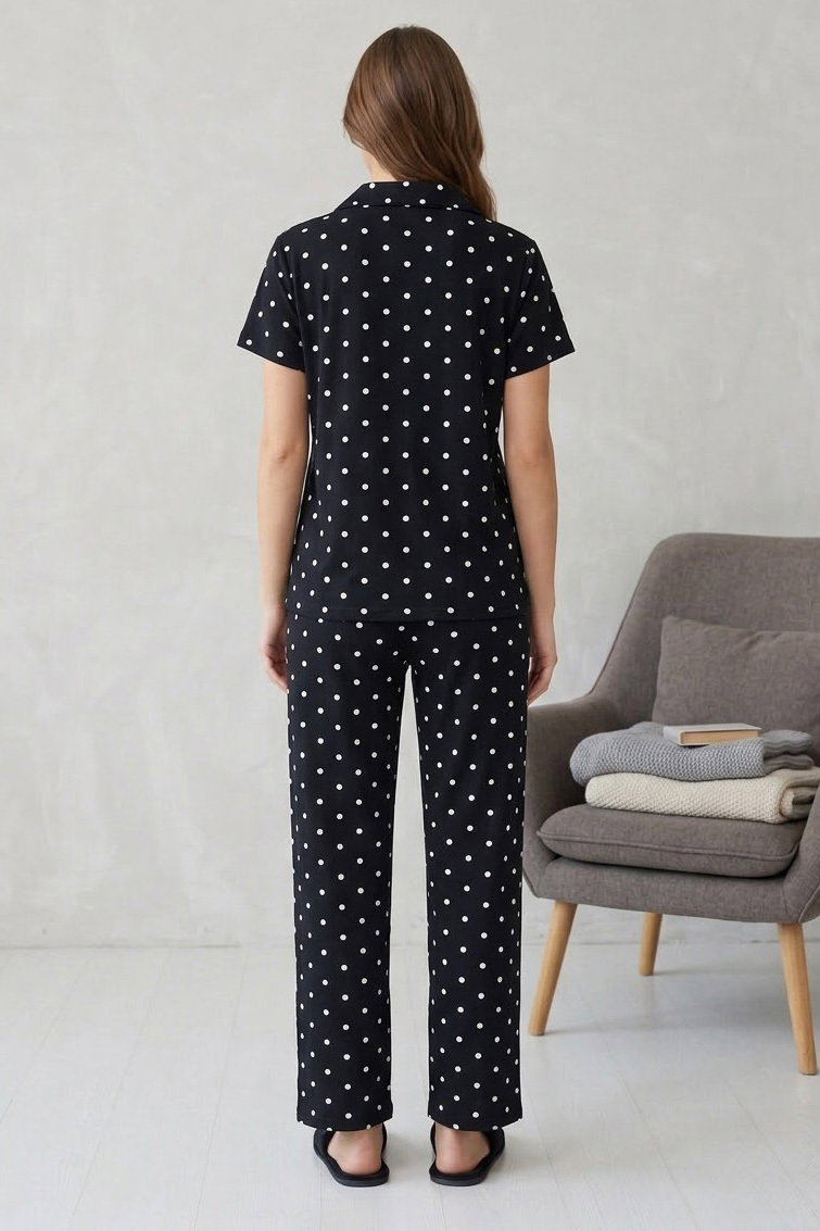 Kısa Kollu Düğmeli Pijama Takımı Siyah - 28596-SIYAH - 2
