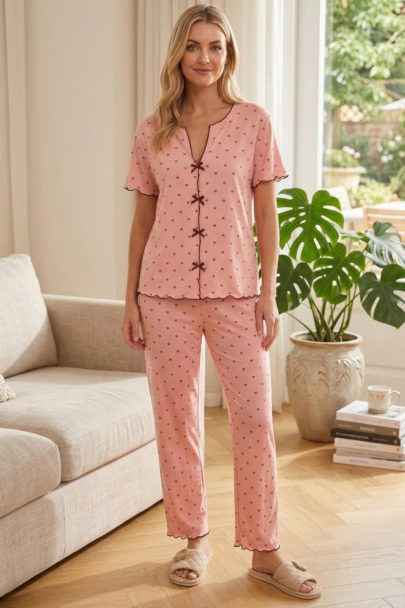 Kısa Kollu Düğmeli Pijama Takımı Somon - 28593-SOMON - 1