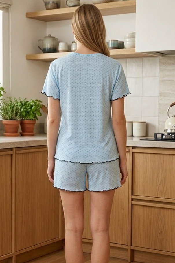 Kısa Kollu Düğmeli Şortlu Pijama Takımı Mavi - 28594-MAVI - 2