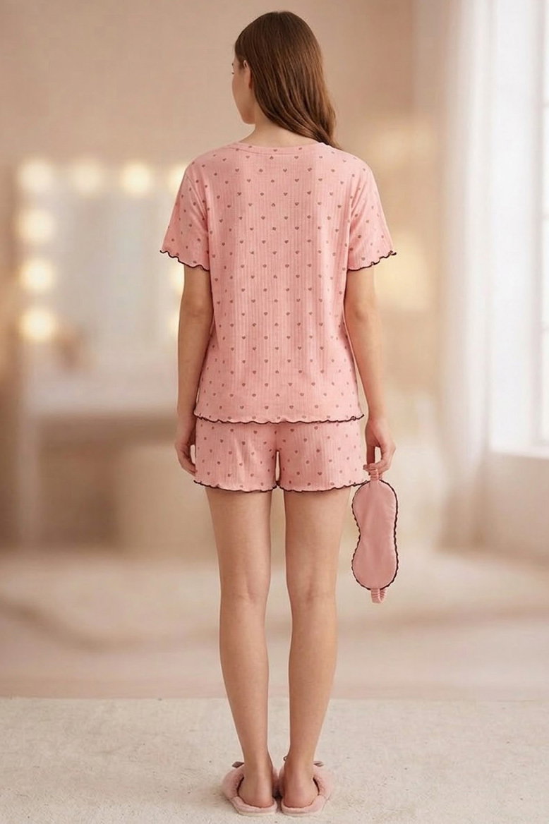 Kısa Kollu Düğmeli Şortlu Pijama Takımı Somon - 28594-SOMON - 2