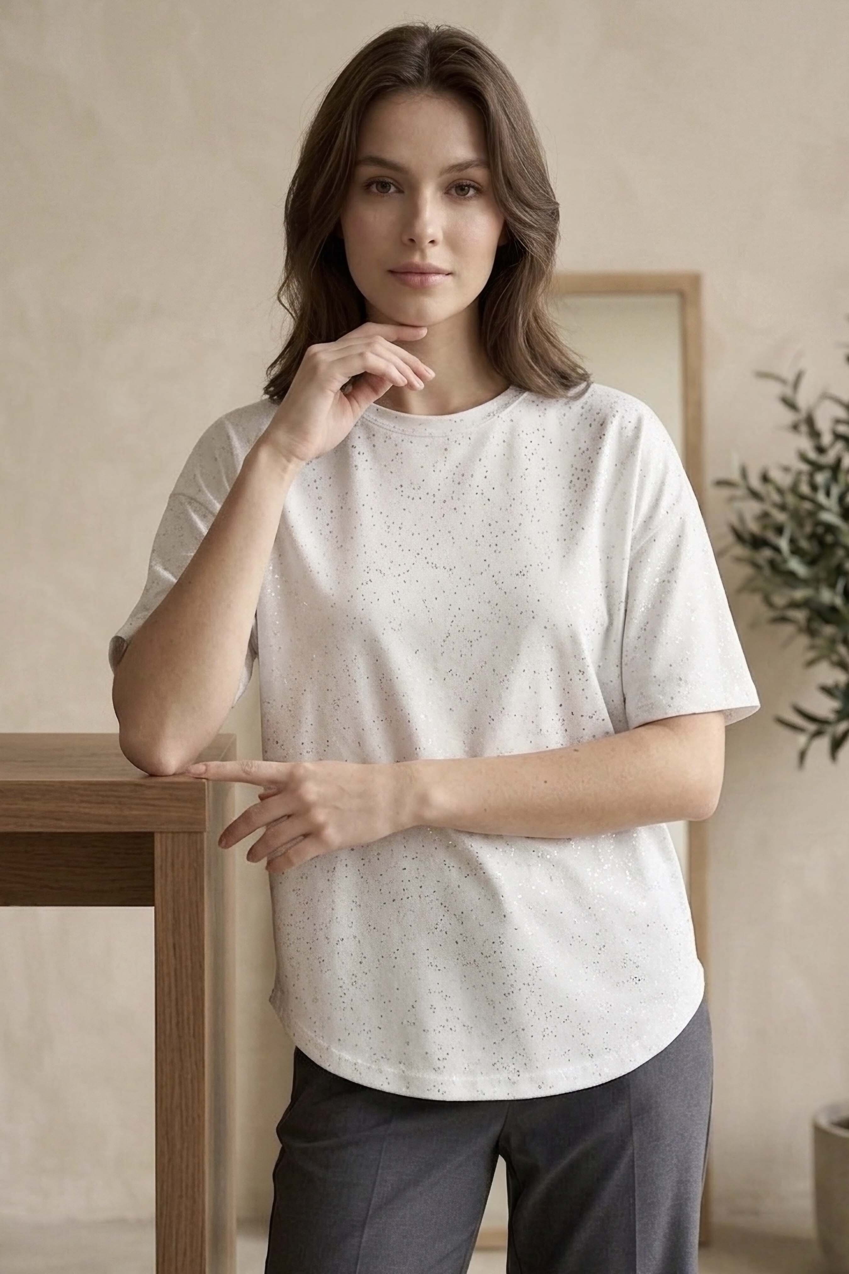 Kısa Kollu Modal Simli T-shirt - 28410-BEYAZ - 1