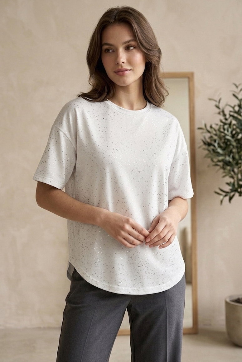 Kısa Kollu Modal Simli T-shirt - 28410-BEYAZ - 2