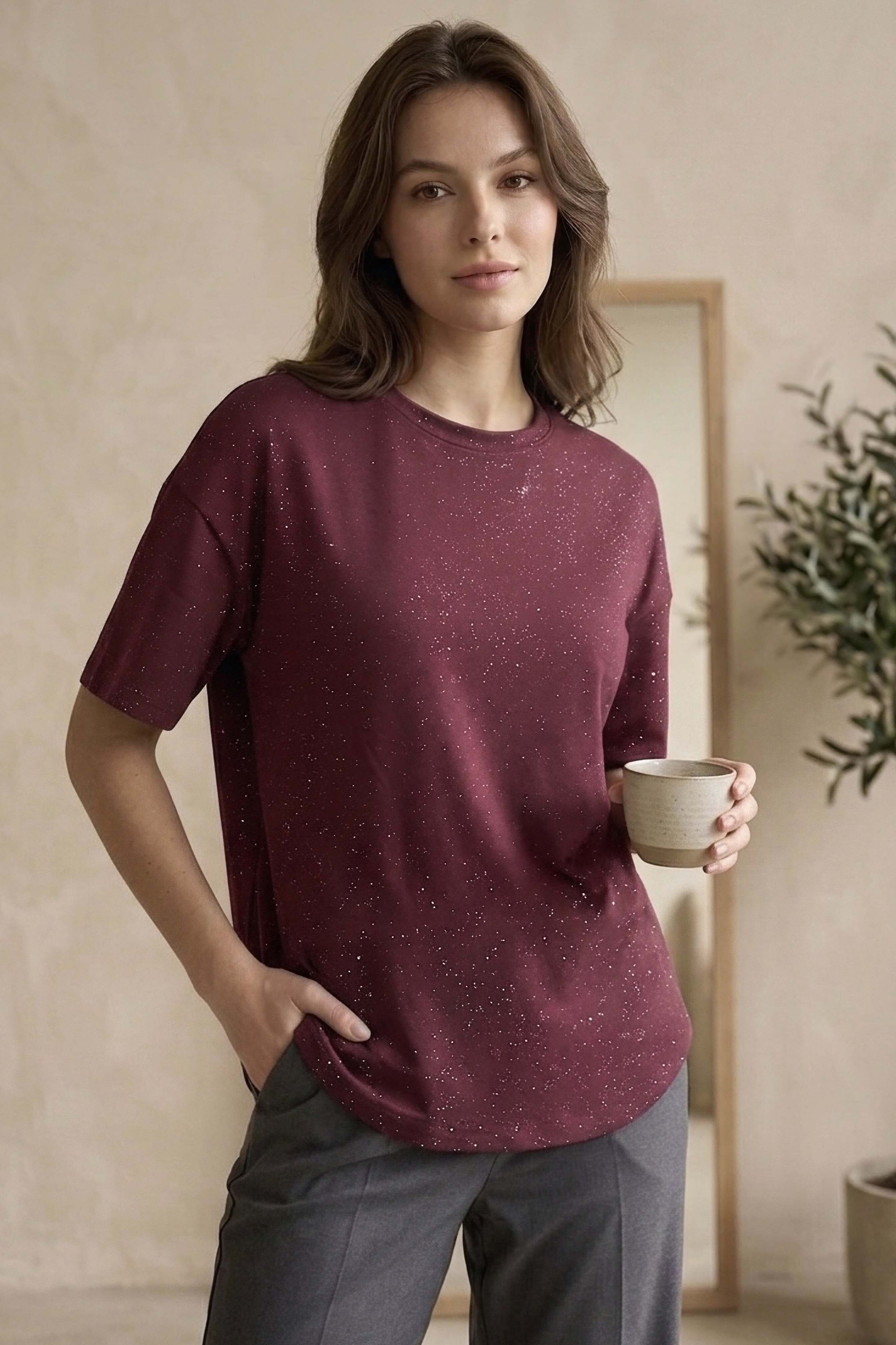 Kısa Kollu Modal Simli T-shirt - 28410-BORDO - 1