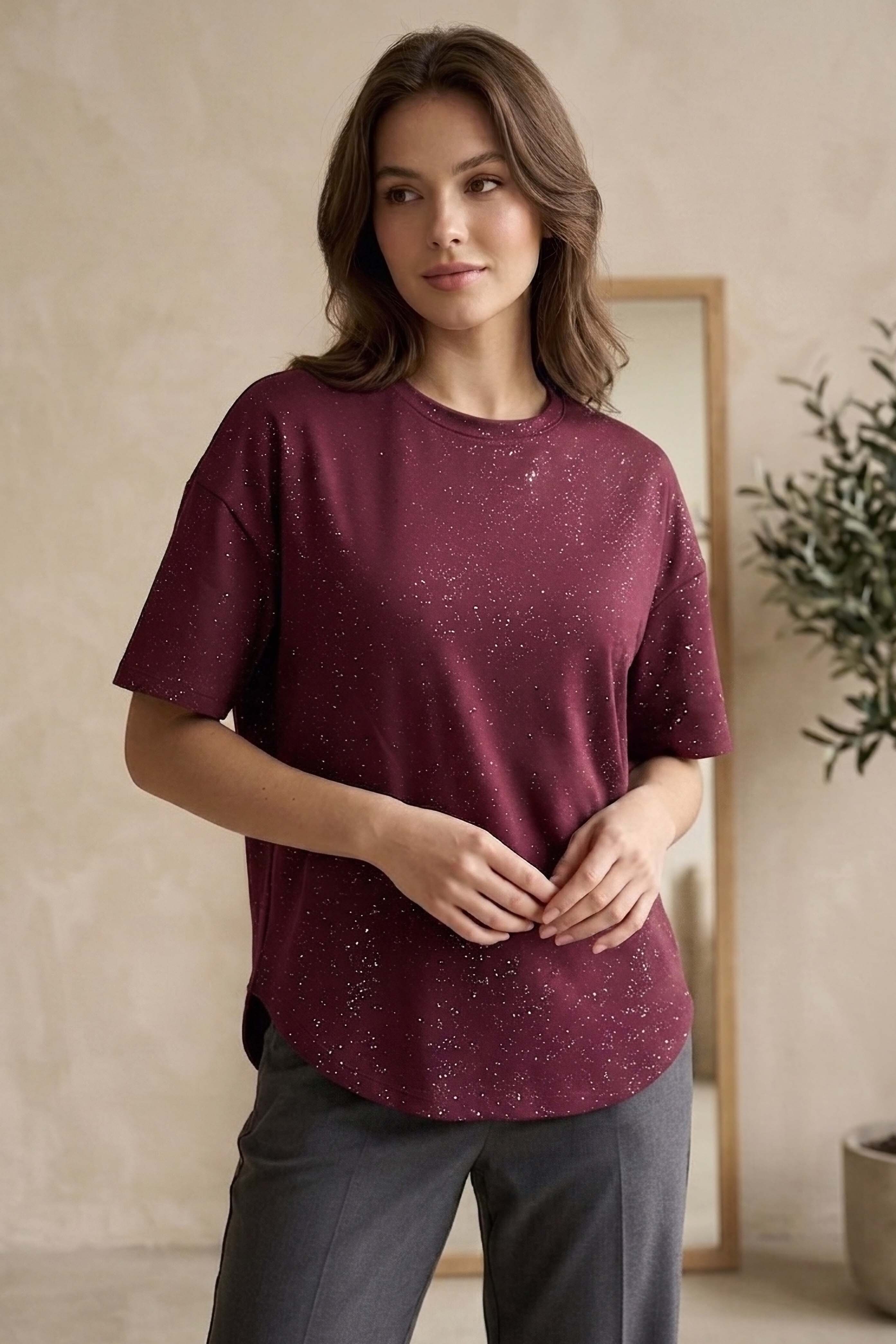 Kısa Kollu Modal Simli T-shirt - 28410-BORDO - 2