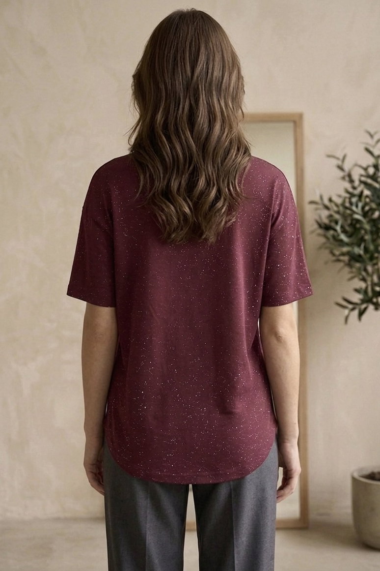 Kısa Kollu Modal Simli T-shirt - 28410-BORDO - 3