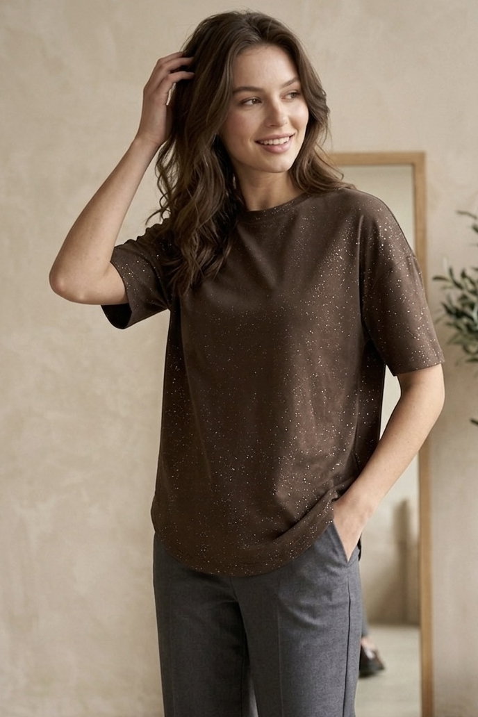 Kısa Kollu Modal Simli T-shirt - 28410-KAHVE - 1