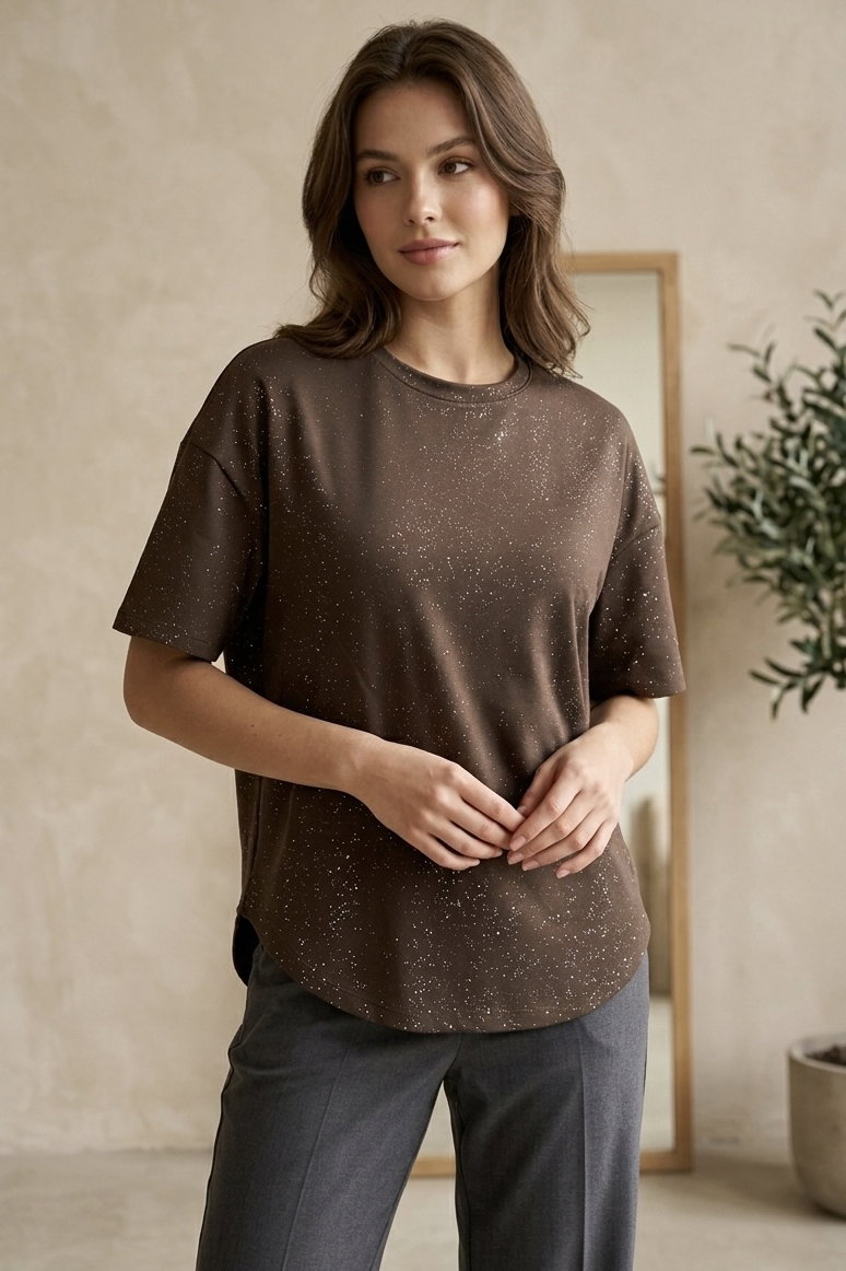 Kısa Kollu Modal Simli T-shirt - 28410-KAHVE - 2