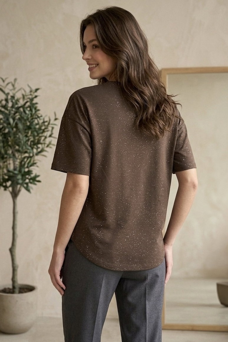 Kısa Kollu Modal Simli T-shirt - 28410-KAHVE - 3