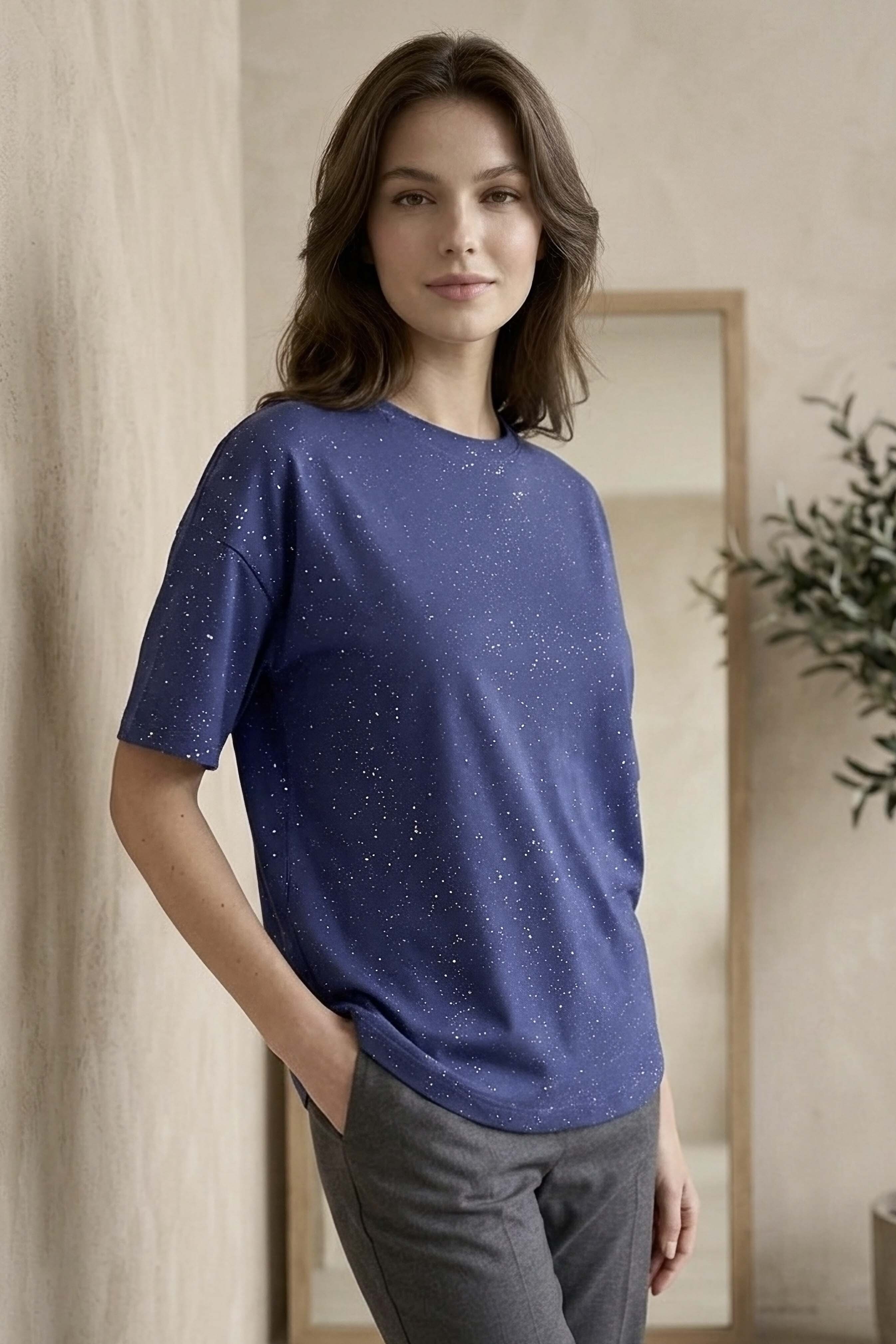 Kısa Kollu Modal Simli T-shirt - 28410-LACIVERT - 2