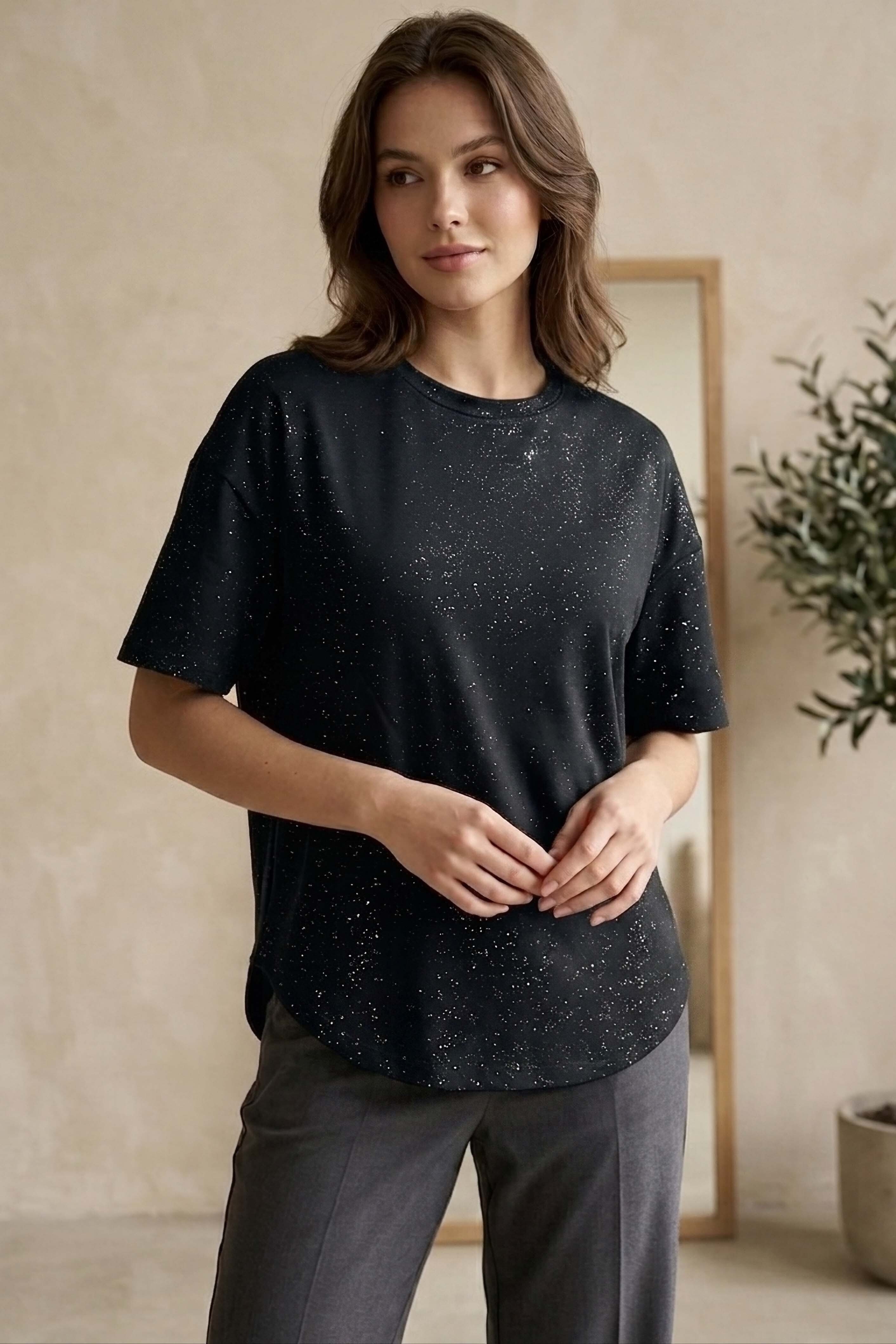 Kısa Kollu Modal Simli T-shirt - 28410-SIYAH - 2