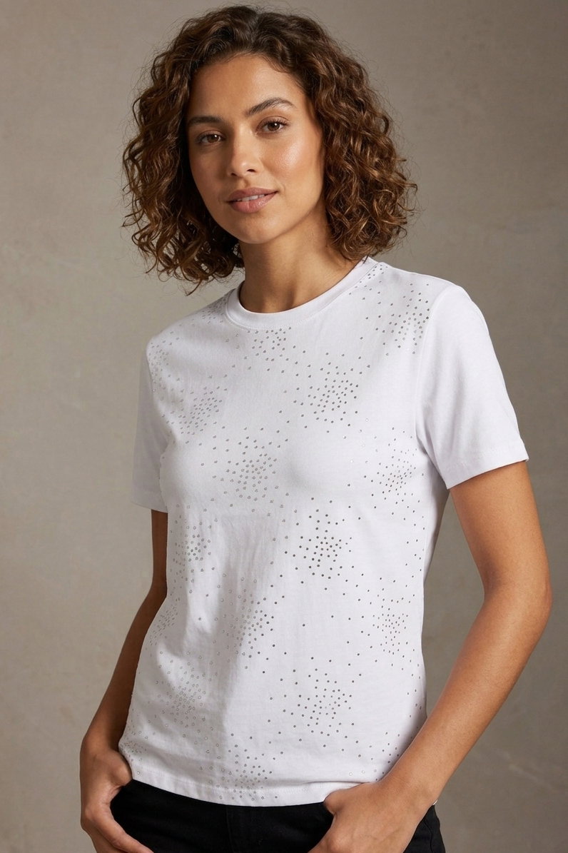 Kısa Kollu Taşlı T-shirt - 28424-BEYAZ - 1