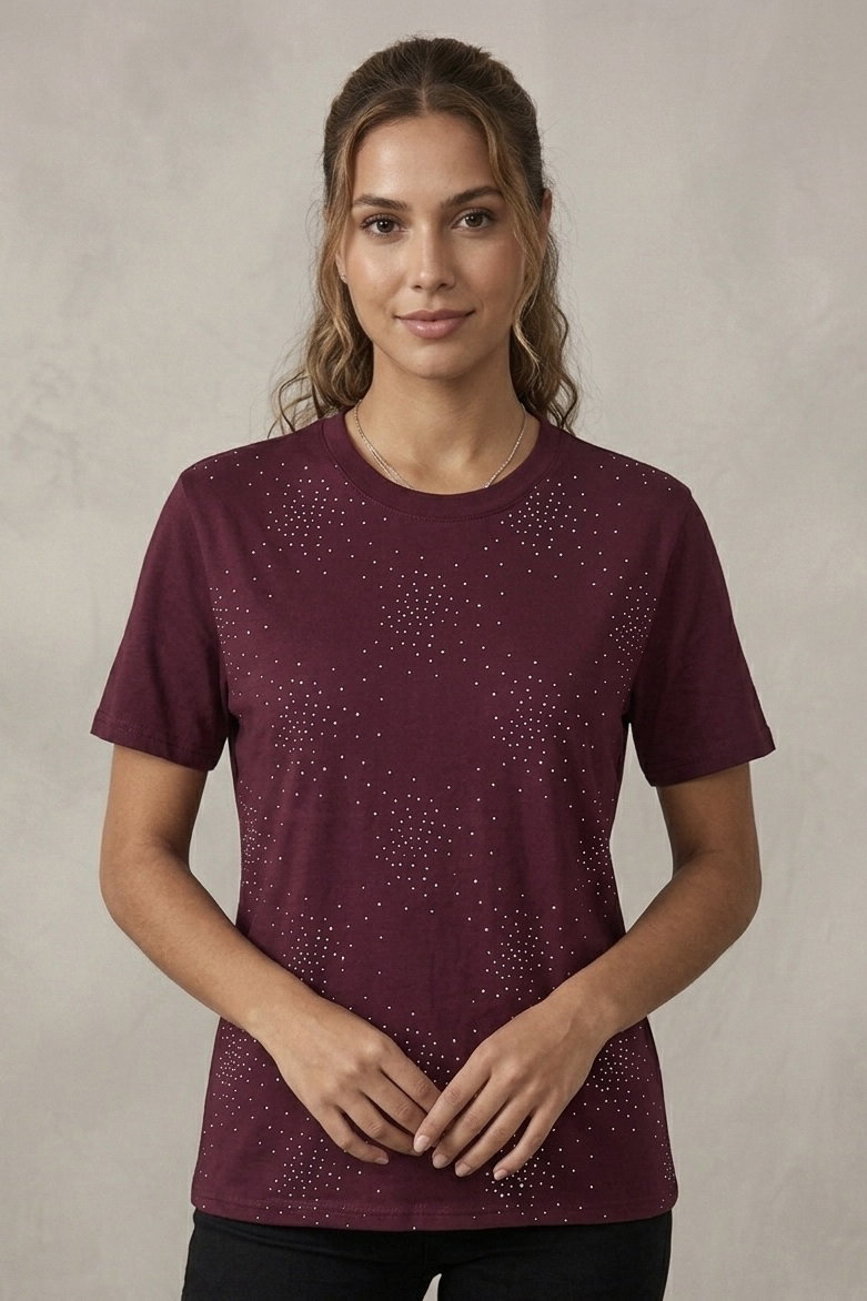 Kısa Kollu Taşlı T-shirt - 28424-BORDO - 1