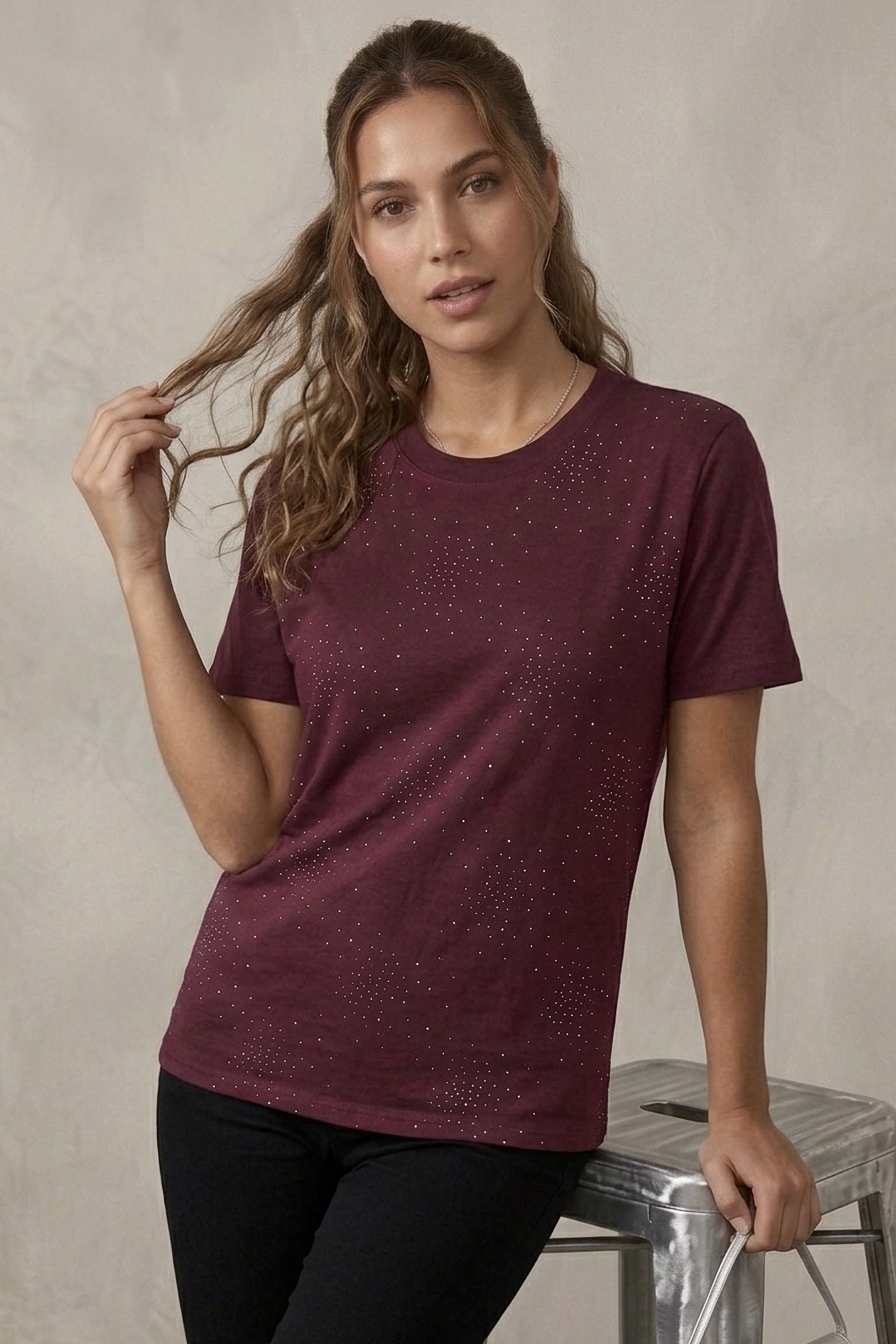 Kısa Kollu Taşlı T-shirt - 28424-BORDO - 2