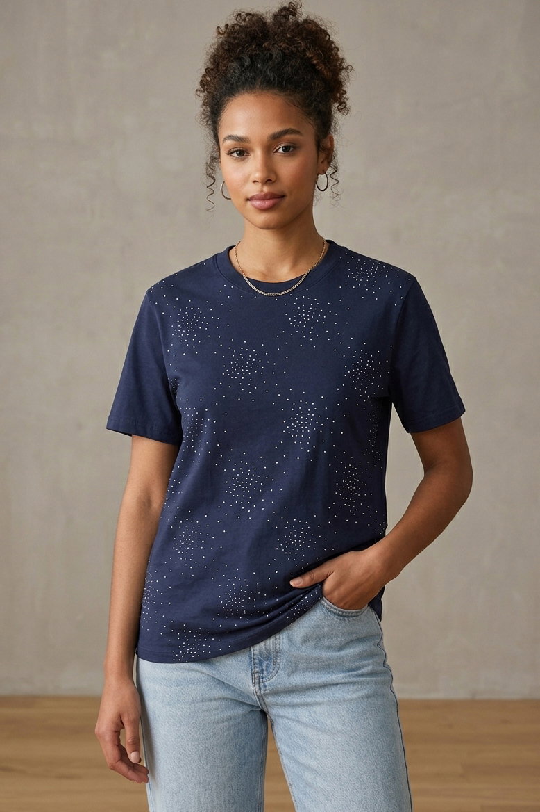 Kısa Kollu Taşlı T-shirt - 28424-LACIVERT - 1