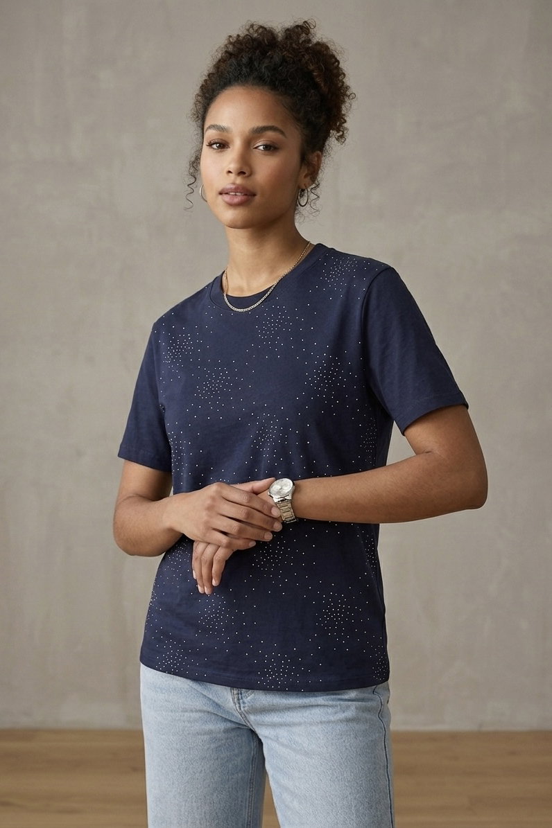 Kısa Kollu Taşlı T-shirt - 28424-LACIVERT - 2