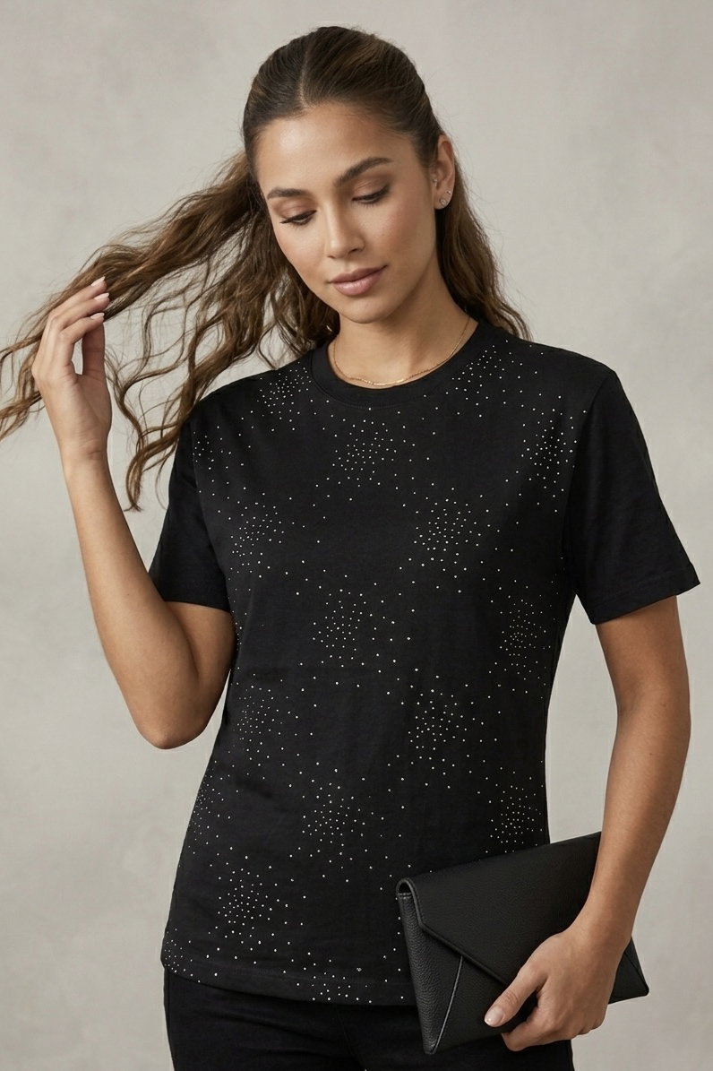 Kısa Kollu Taşlı T-shirt - 28424-SIYAH - 1