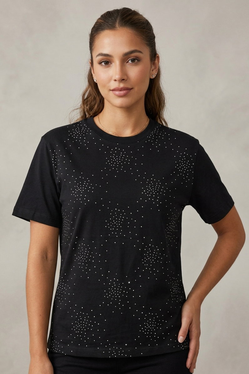 Kısa Kollu Taşlı T-shirt - 28424-SIYAH - 2