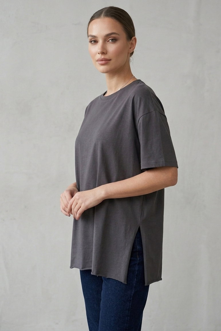 Kısa Kollu Yırtmaçlı T-shirt Antrasit - 2113-ANTRASIT - 1