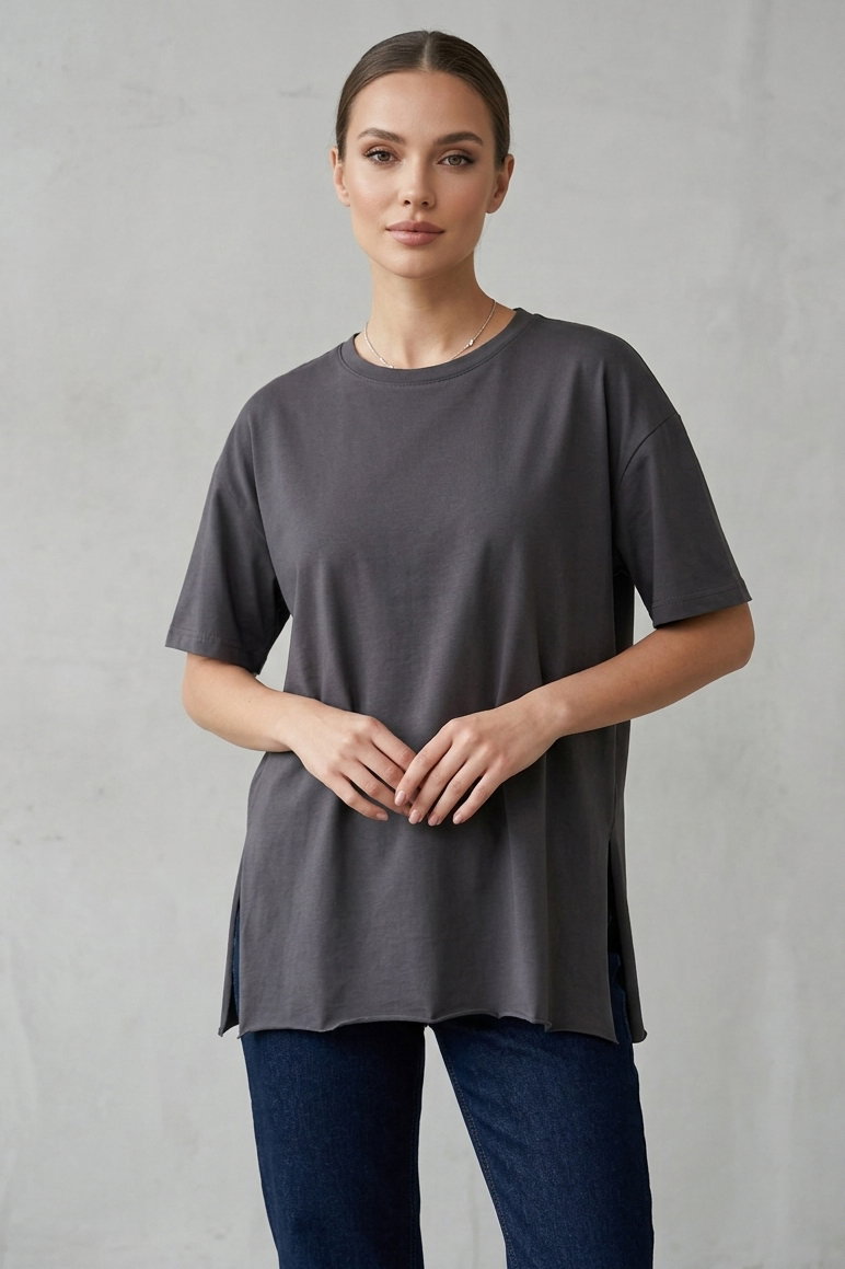 Kısa Kollu Yırtmaçlı T-shirt Antrasit - 2113-ANTRASIT - 2