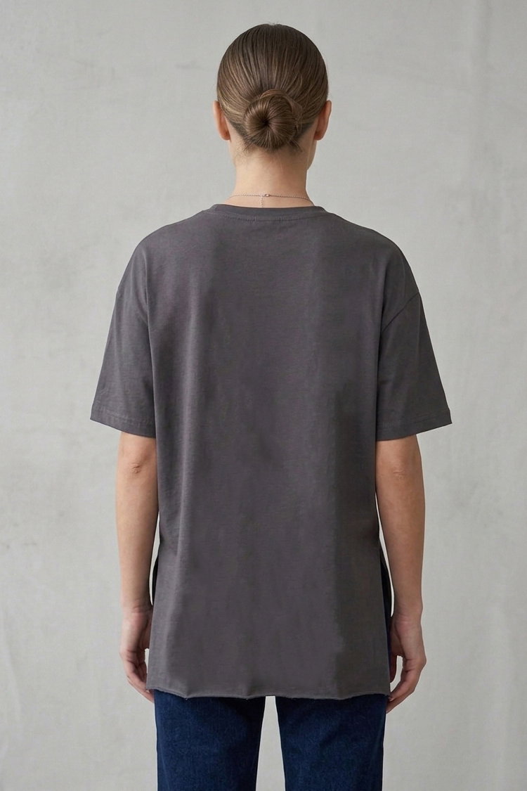 Kısa Kollu Yırtmaçlı T-shirt Antrasit - 2113-ANTRASIT - 3