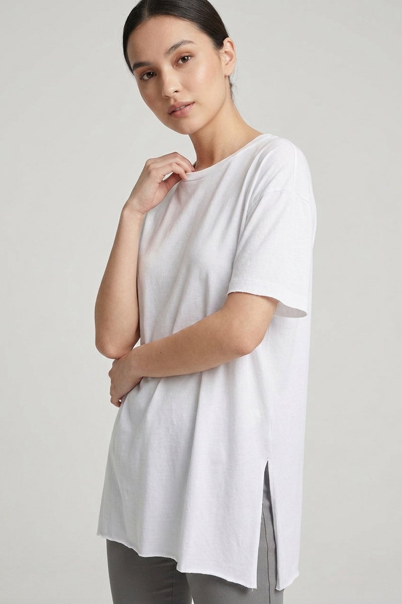 Kısa Kollu Yırtmaçlı T-shirt Beyaz - 2113-BEYAZ - 1