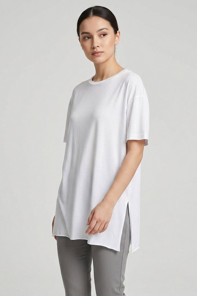 Kısa Kollu Yırtmaçlı T-shirt Beyaz - 2113-BEYAZ - 2