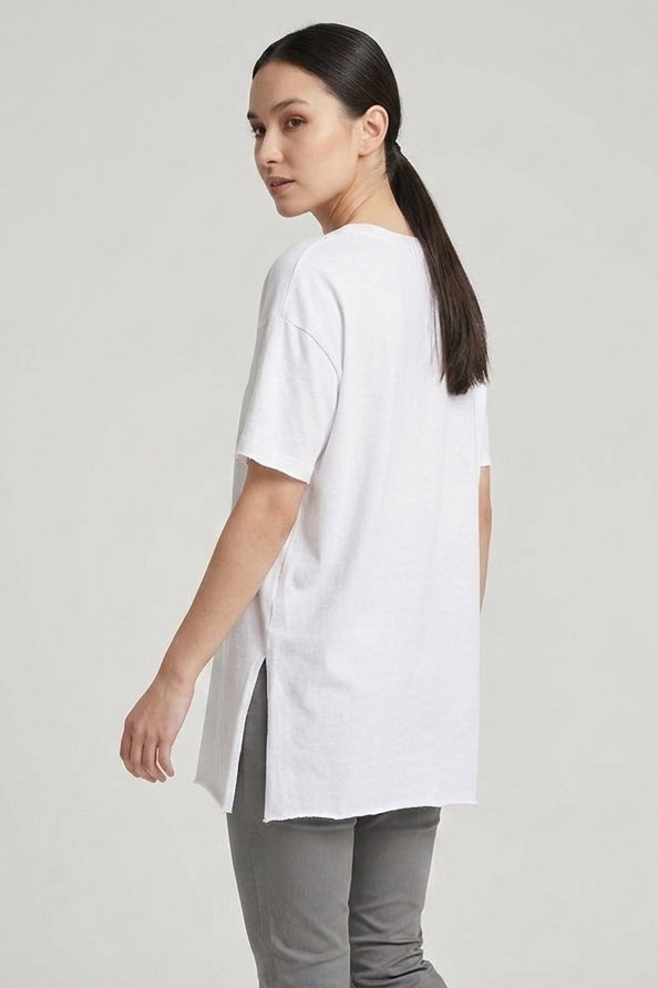Kısa Kollu Yırtmaçlı T-shirt Beyaz - 2113-BEYAZ - 3