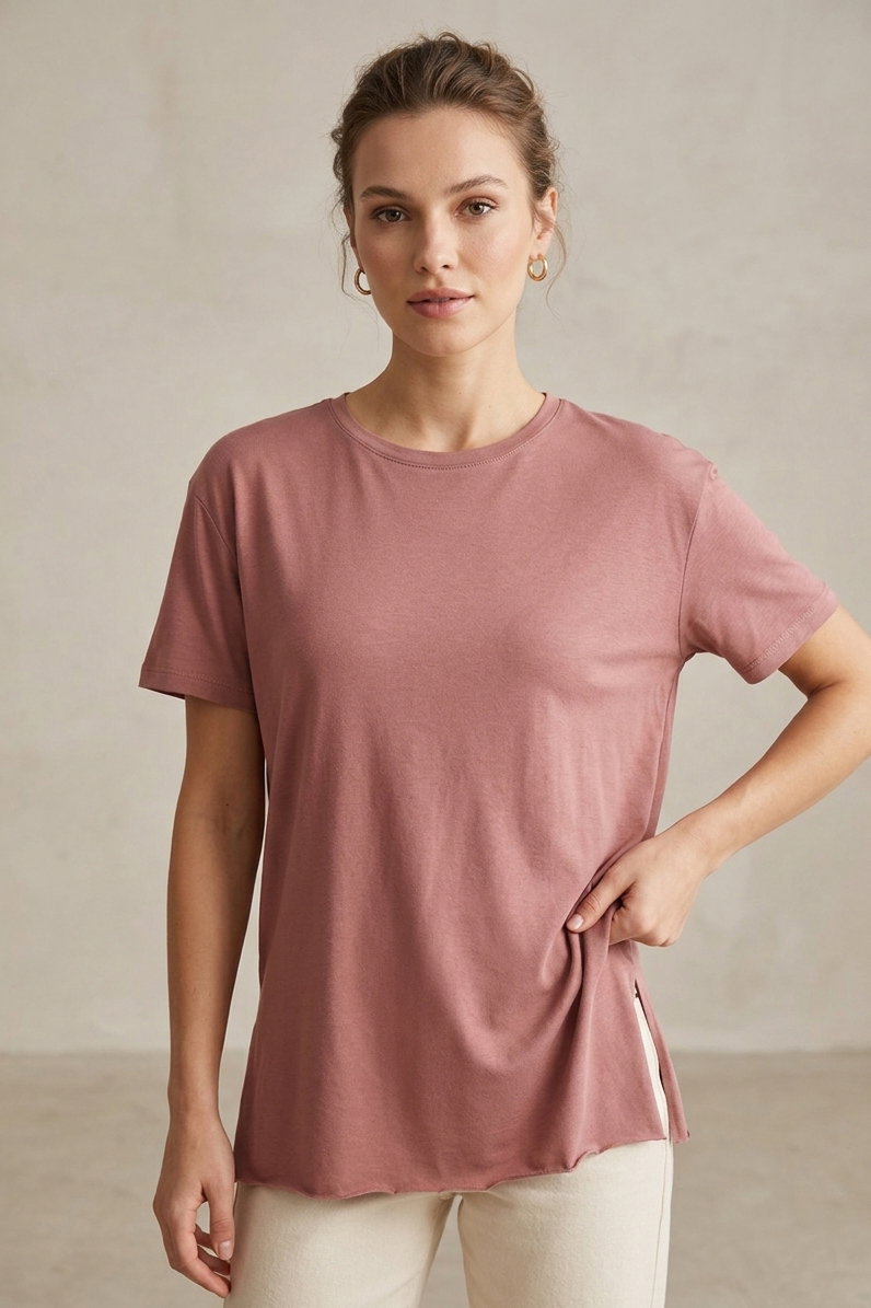 Kısa Kollu Yırtmaçlı T-shirt Gül - 2113-GUL - 1