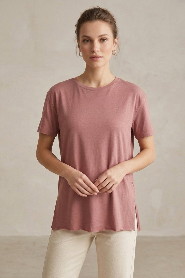 Kısa Kollu Yırtmaçlı T-shirt Gül - 2113-GUL - 2