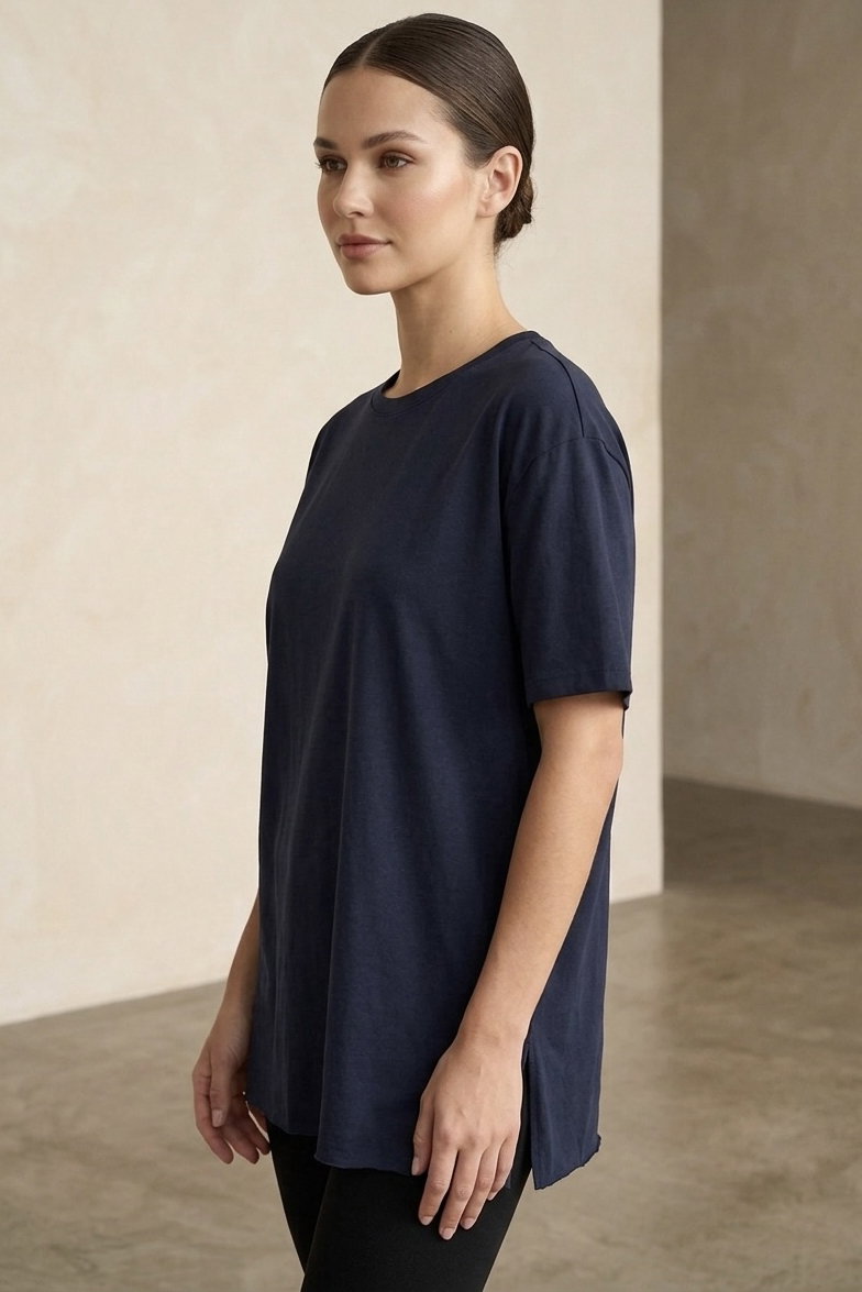 Kısa Kollu Yırtmaçlı T-shirt Lacivert - 2113-LACIVERT - 1