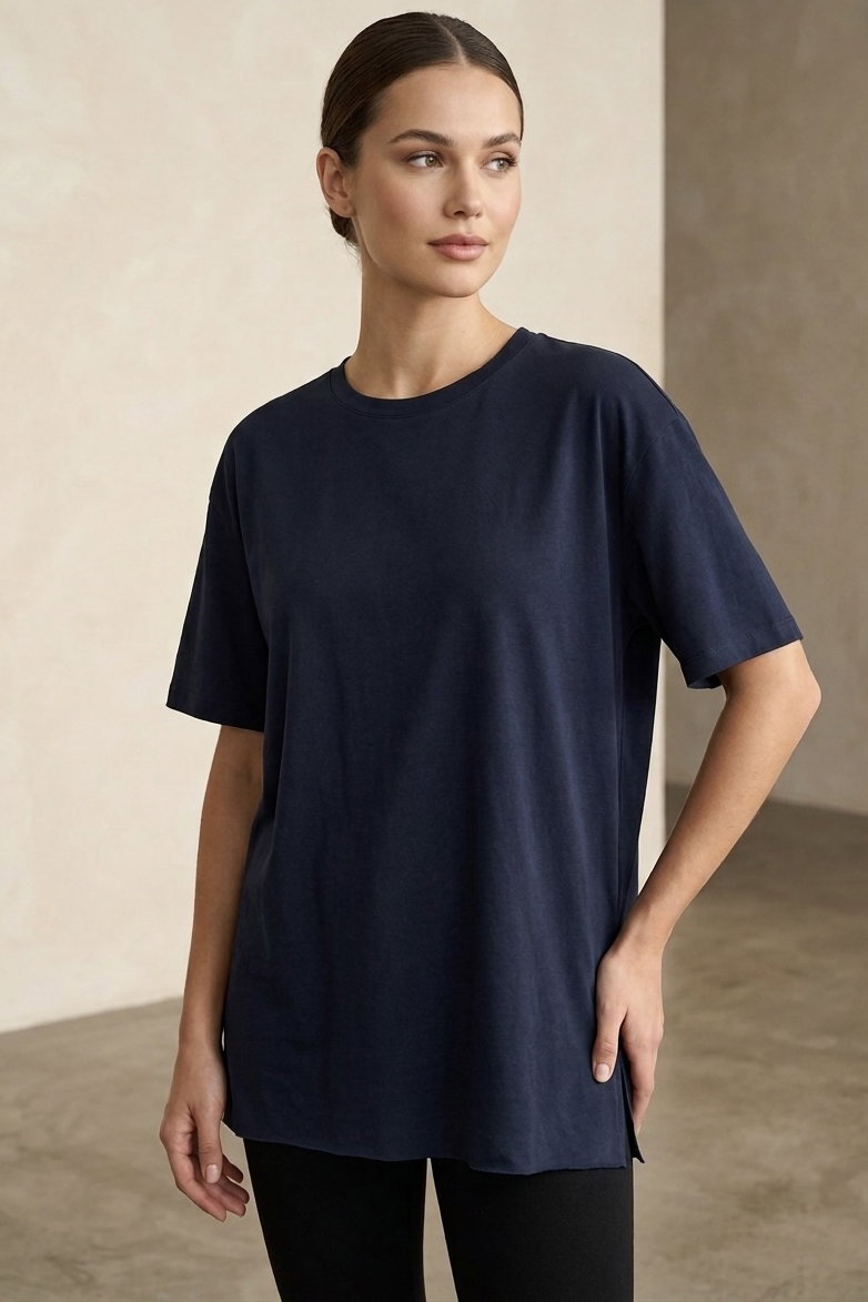 Kısa Kollu Yırtmaçlı T-shirt Lacivert - 2113-LACIVERT - 2