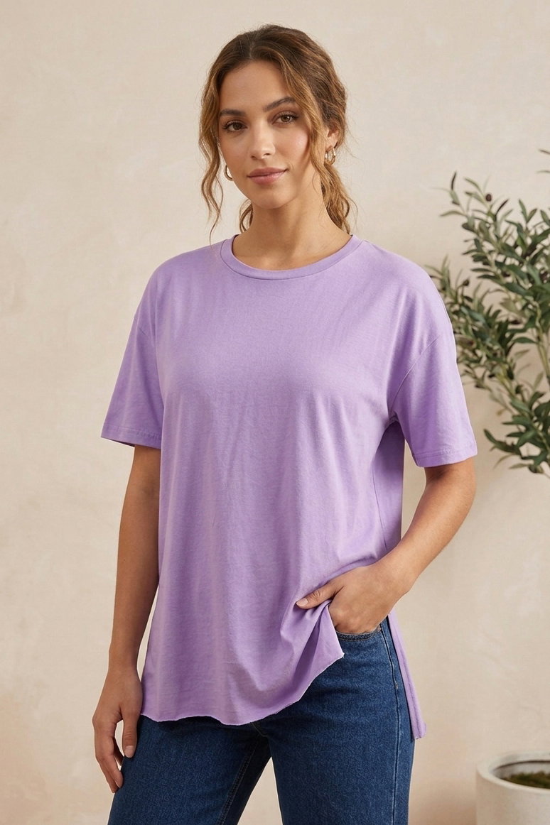 Kısa Kollu Yırtmaçlı T-shirt Lila - 2113-LILA - 1