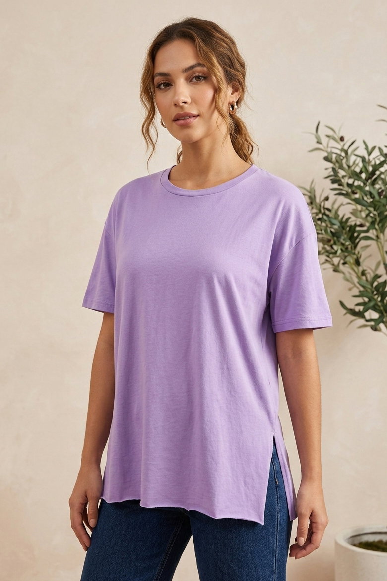 Kısa Kollu Yırtmaçlı T-shirt Lila - 2113-LILA - 2