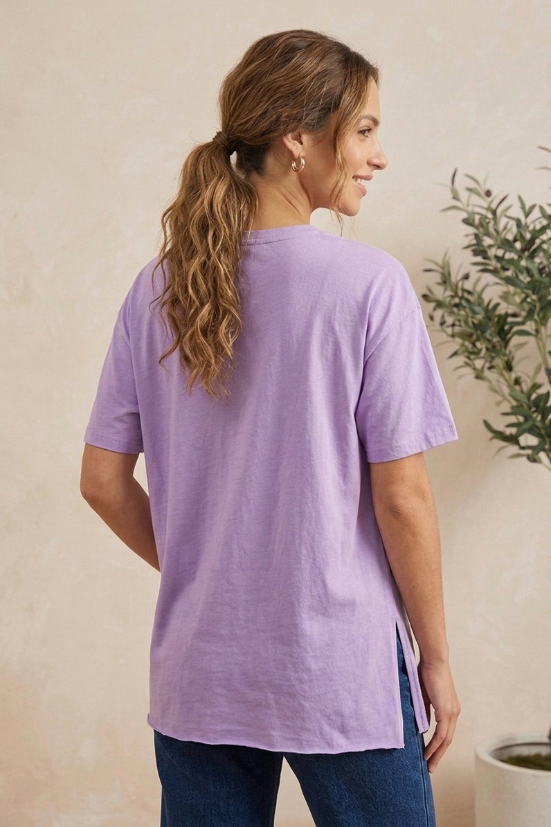 Kısa Kollu Yırtmaçlı T-shirt Lila - 2113-LILA - 3