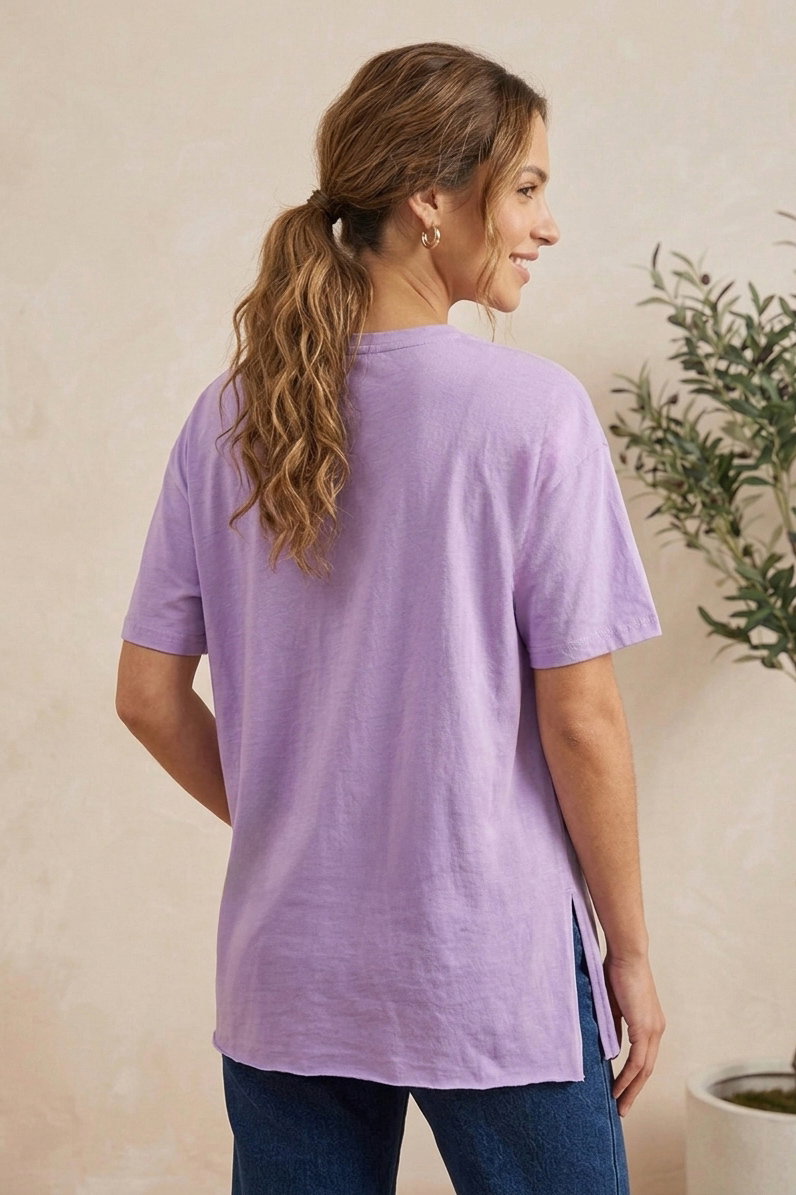 Kısa Kollu Yırtmaçlı T-shirt Lila - 2113-LILA - 3