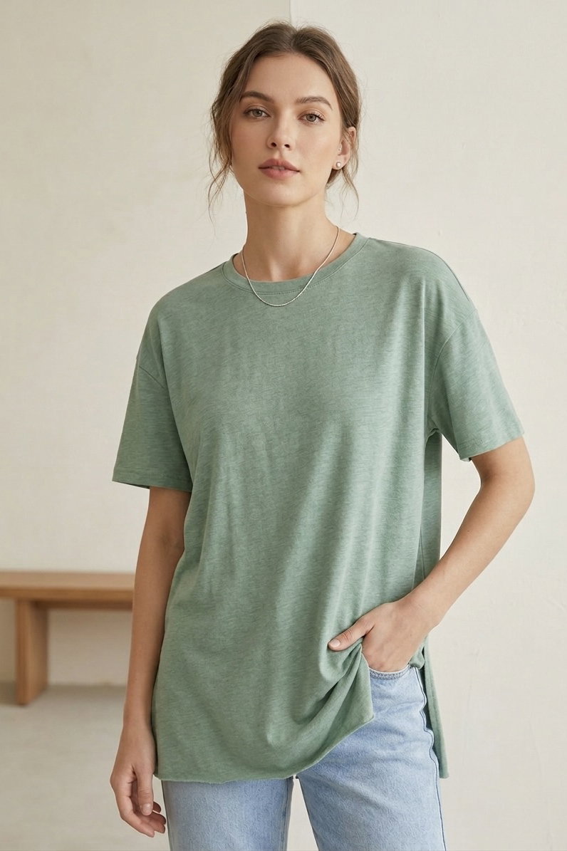 Kısa Kollu Yırtmaçlı T-shirt Mint - 2113-MINT - 2