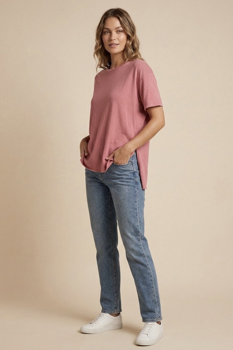 Kısa Kollu Yırtmaçlı T-shirt Pembe - 2113-PEMBE - 2