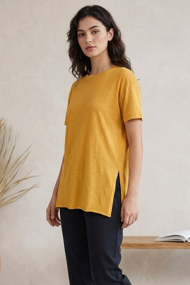 Kısa Kollu Yırtmaçlı T-shirt Sari - 2113-SARI - 1