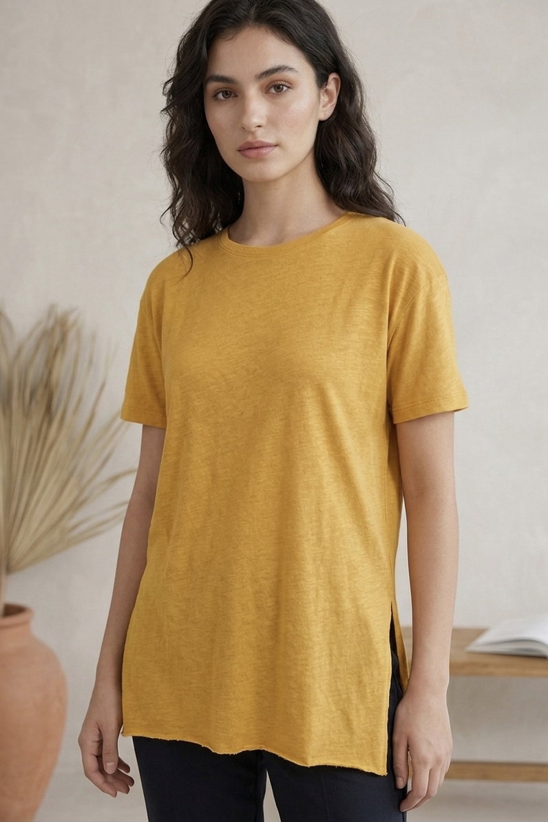 Kısa Kollu Yırtmaçlı T-shirt Sari - 2113-SARI - 2