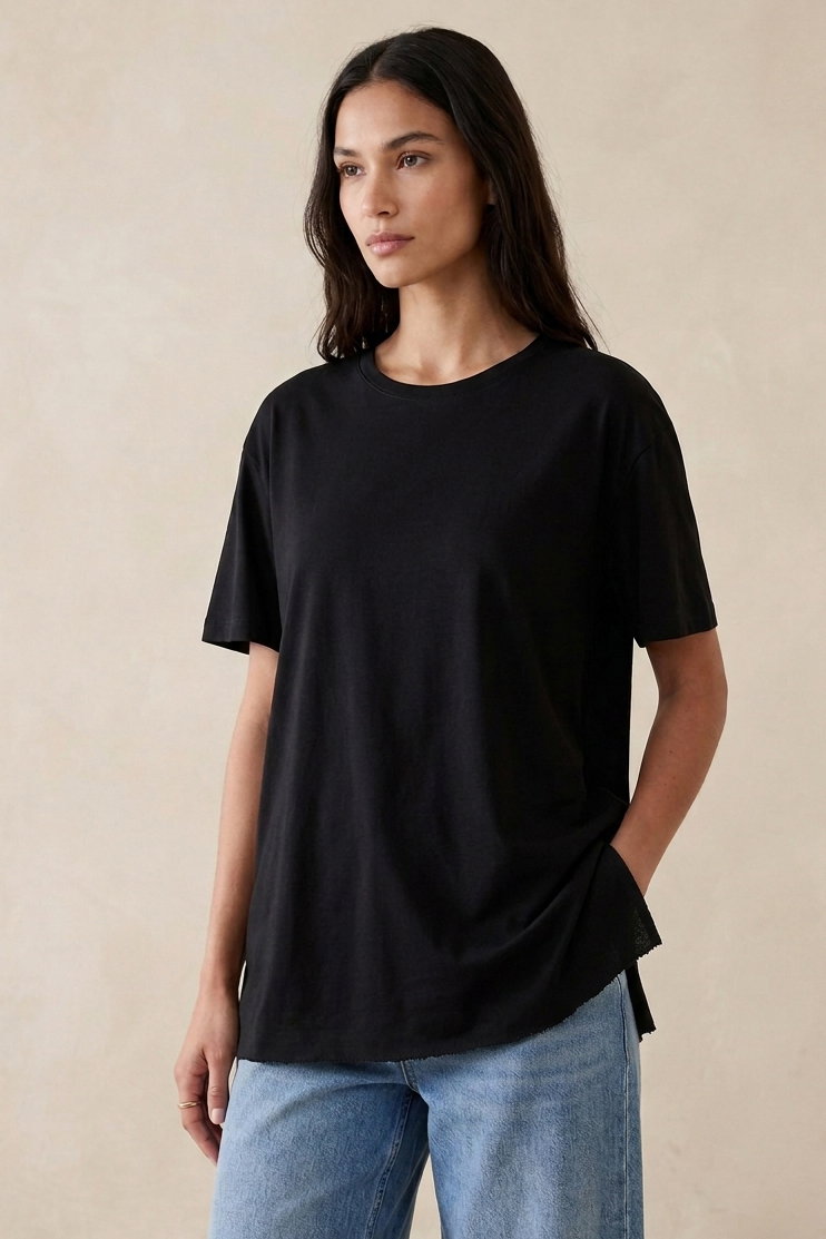 Kısa Kollu Yırtmaçlı T-shirt Siyah - 2113-SIYAH - 1