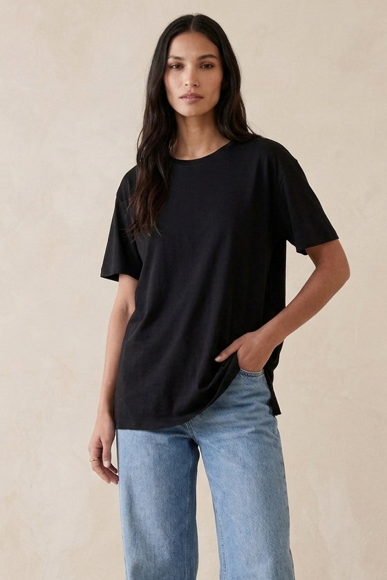 Kısa Kollu Yırtmaçlı T-shirt Siyah - 2113-SIYAH - 2